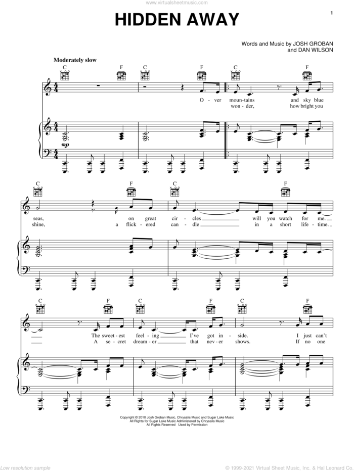 Hidden Away sheet music for voice, piano or guitar by Josh Groban and Dan Wilson, intermediate skill level