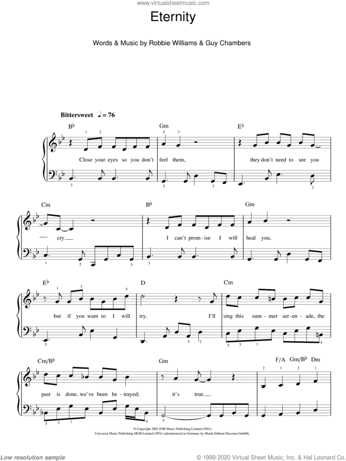 Eternity, (easy) sheet music for piano solo by Robbie Williams and Guy Chambers, easy skill level