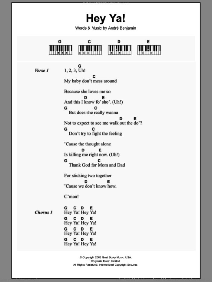 Hey Ya! sheet music for piano solo (chords, lyrics, melody) by OutKast and Andre Benjamin, intermediate piano (chords, lyrics, melody)
