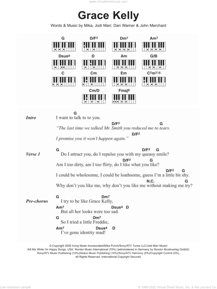 Grace Kelly sheet music for piano solo (chords, lyrics, melody) by Mika, Dan Warner, Jodi Marr and John Merchant, intermediate piano (chords, lyrics, melody)