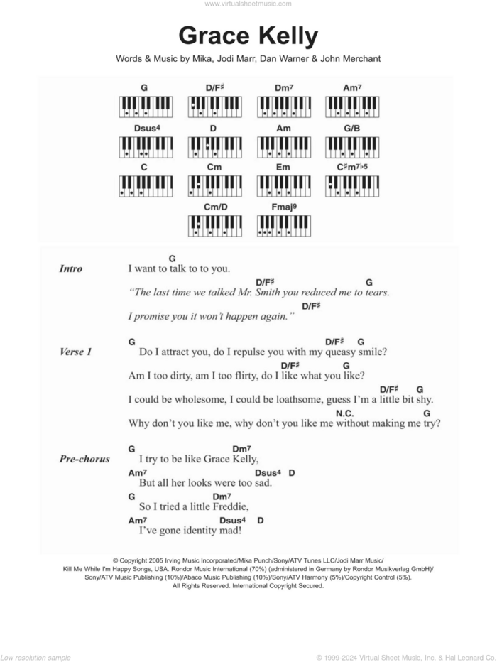 Grace Kelly sheet music for piano solo (chords, lyrics, melody) by Mika, Dan Warner, Jodi Marr and John Merchant, intermediate piano (chords, lyrics, melody)