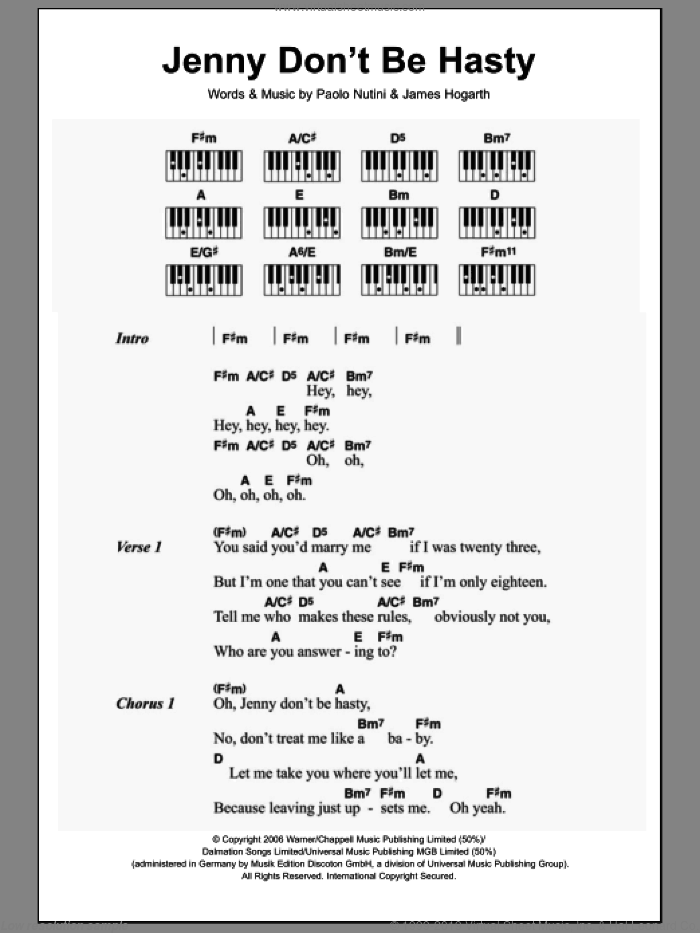 Jenny Don't Be Hasty sheet music for piano solo (chords, lyrics, melody) by Paolo Nutini and James Hogarth, intermediate piano (chords, lyrics, melody)