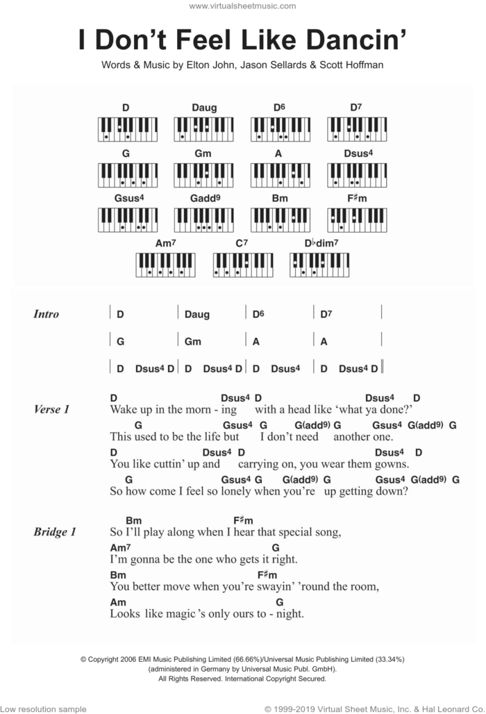 I Don't Feel Like Dancin' sheet music for piano solo (chords, lyrics, melody) by Scissor Sisters, Elton John, Jason Sellards and Scott Hoffman, intermediate piano (chords, lyrics, melody)