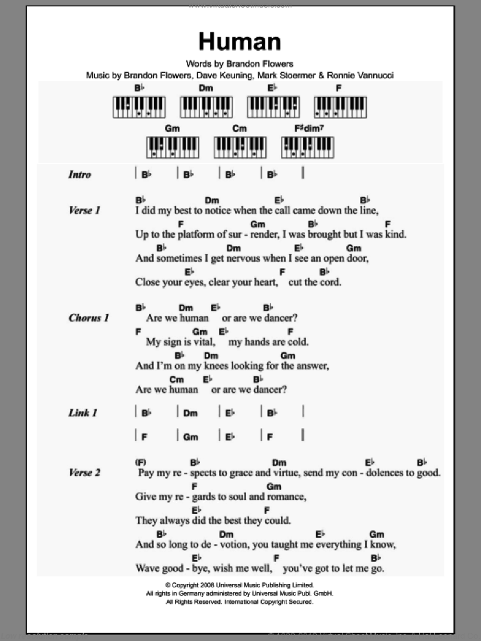 Human sheet music for piano solo (chords, lyrics, melody) by The Killers, Brandon Flowers, Dave Keuning, Mark Stoermer and Ronnie Vannucci, intermediate piano (chords, lyrics, melody)