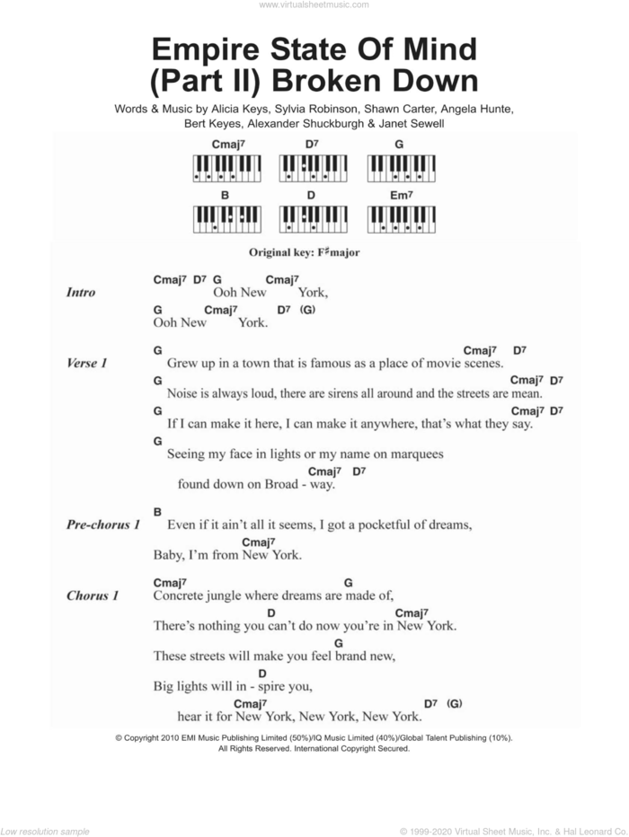 Empire State Of Mind (Part II) Broken Down sheet music for piano solo (chords, lyrics, melody) by Alicia Keys, Al Shuckburgh, Angela Hunte, Bert Keyes, Janet Sewell, Shawn Carter and Sylvia Robinson, intermediate piano (chords, lyrics, melody)