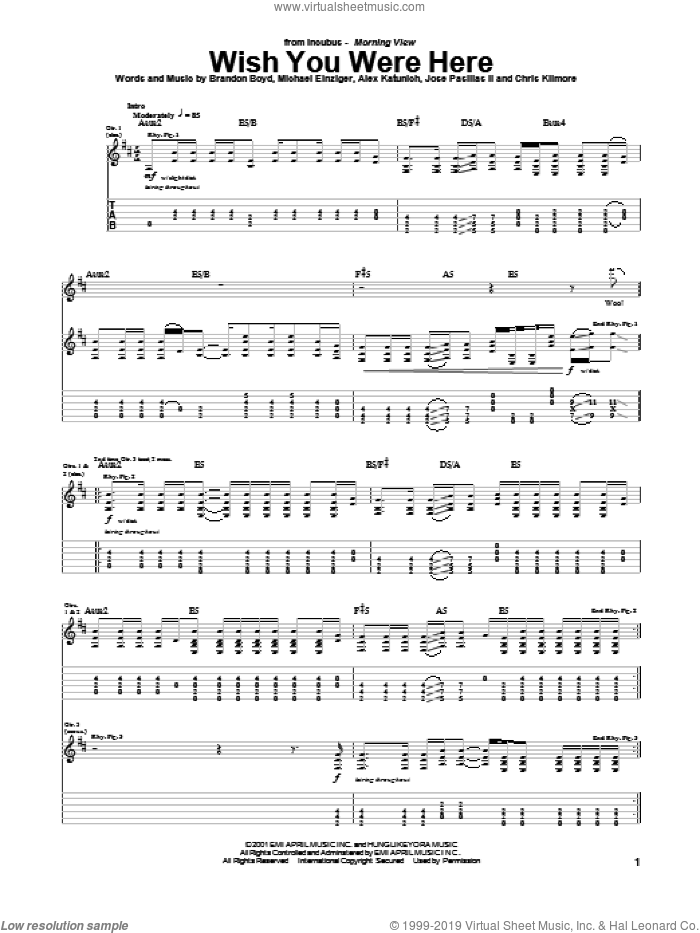 Wish You Were Here sheet music for guitar (tablature) by Incubus, Alex Katunich, Brandon Boyd and Chris Kilmore, intermediate skill level