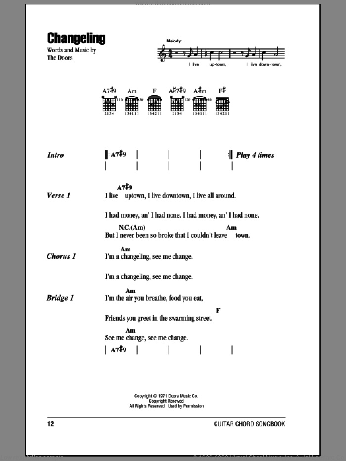 Changeling sheet music for guitar (chords) by The Doors, intermediate skill level