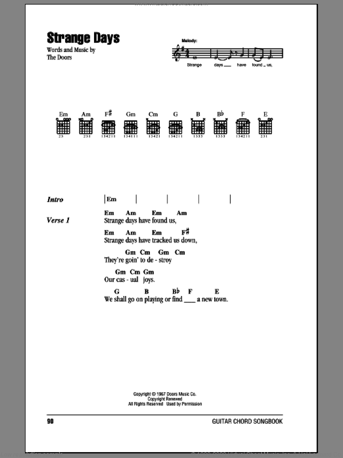 Strange Days sheet music for guitar (chords) by The Doors, intermediate skill level