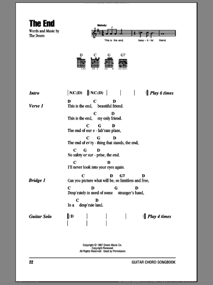 The End sheet music for guitar (chords) by The Doors, intermediate skill level