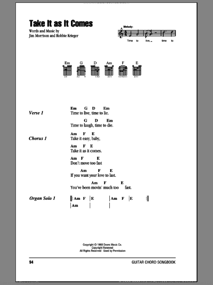 Take It As It Comes sheet music for guitar (chords) by The Doors, Jim Morrison and Robbie Krieger, intermediate skill level