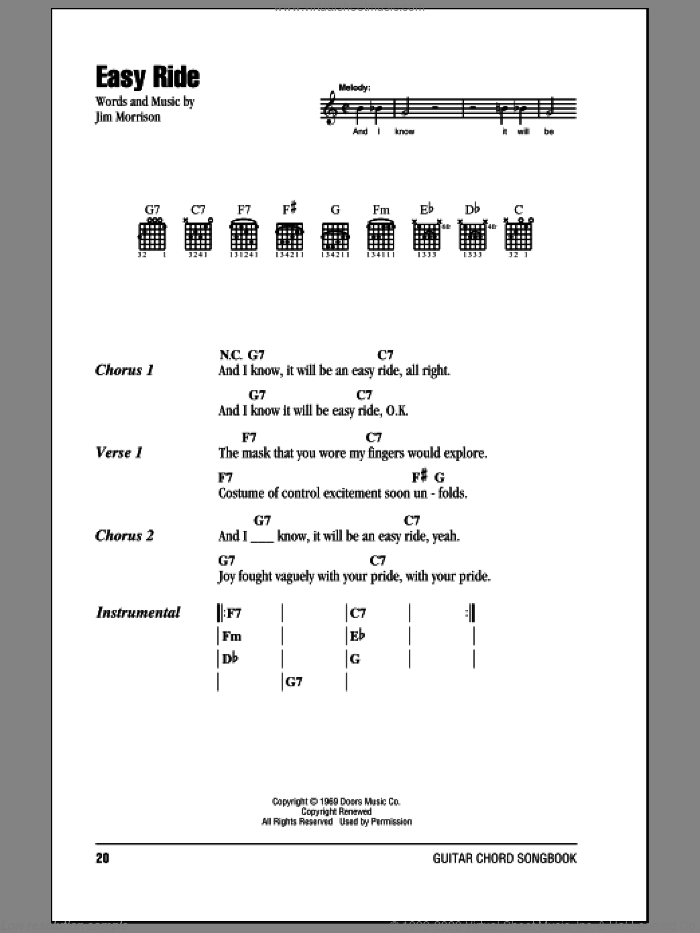 Easy Ride sheet music for guitar (chords) by The Doors and Jim Morrison, intermediate skill level