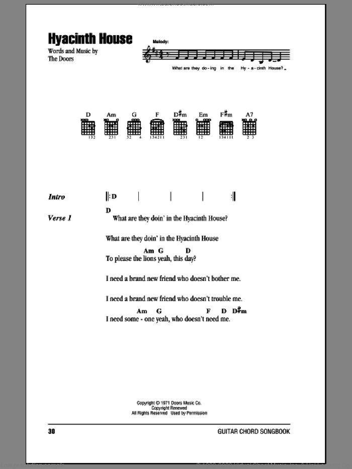 Hyacinth House sheet music for guitar (chords) by The Doors, intermediate skill level
