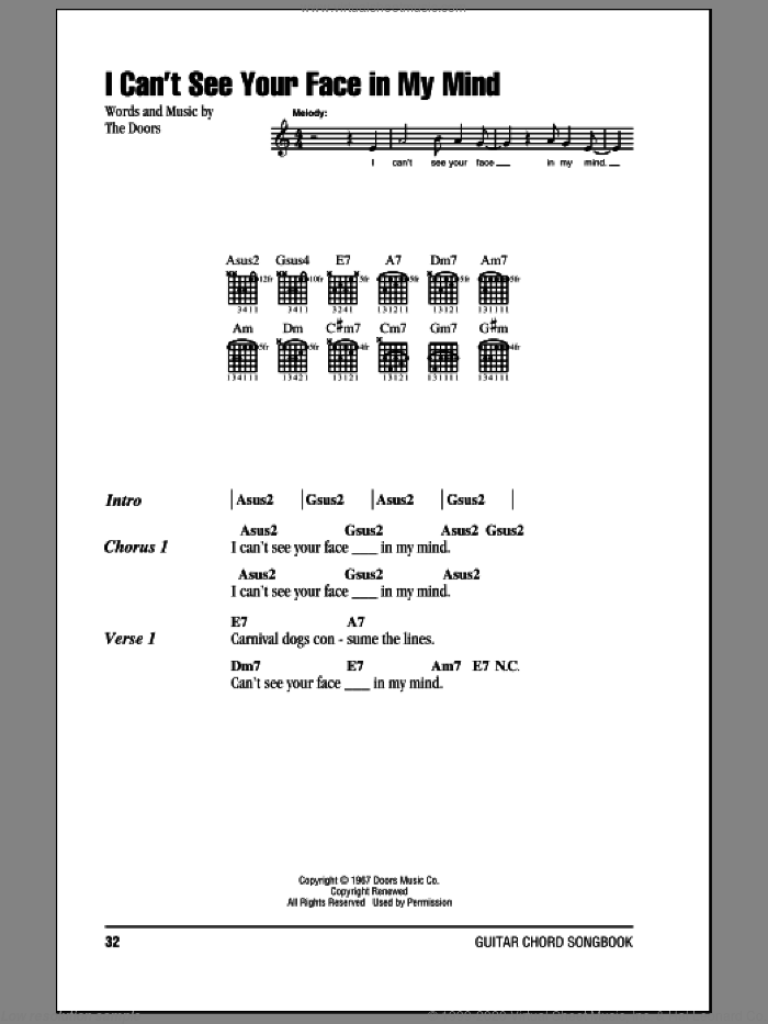 I Can't See Your Face In My Mind sheet music for guitar (chords) by The Doors, intermediate skill level