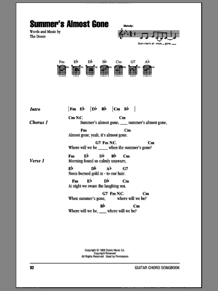 Summer's Almost Gone sheet music for guitar (chords) by The Doors, intermediate skill level