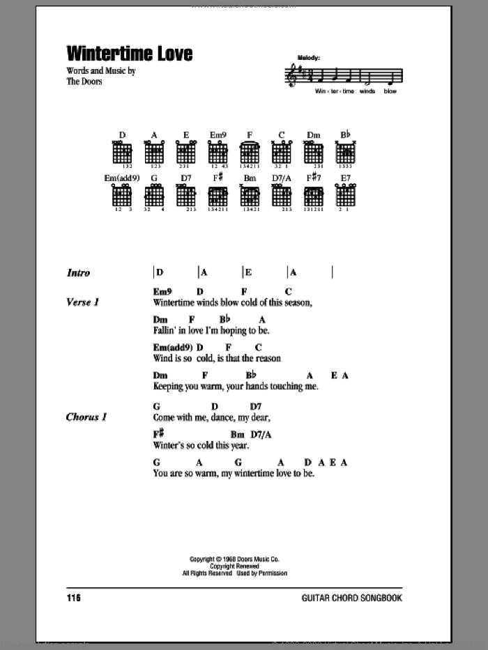 Wintertime Love sheet music for guitar (chords) by The Doors, intermediate skill level