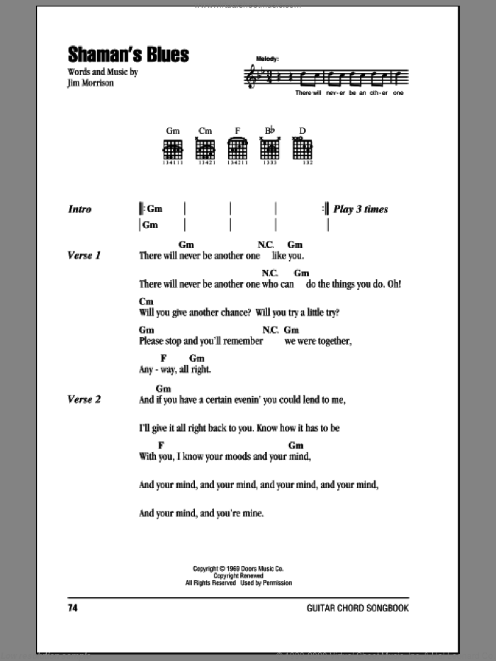 Shaman's Blues sheet music for guitar (chords) by The Doors and Jim Morrison, intermediate skill level