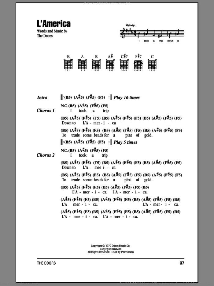 L'America sheet music for guitar (chords) by The Doors, intermediate skill level