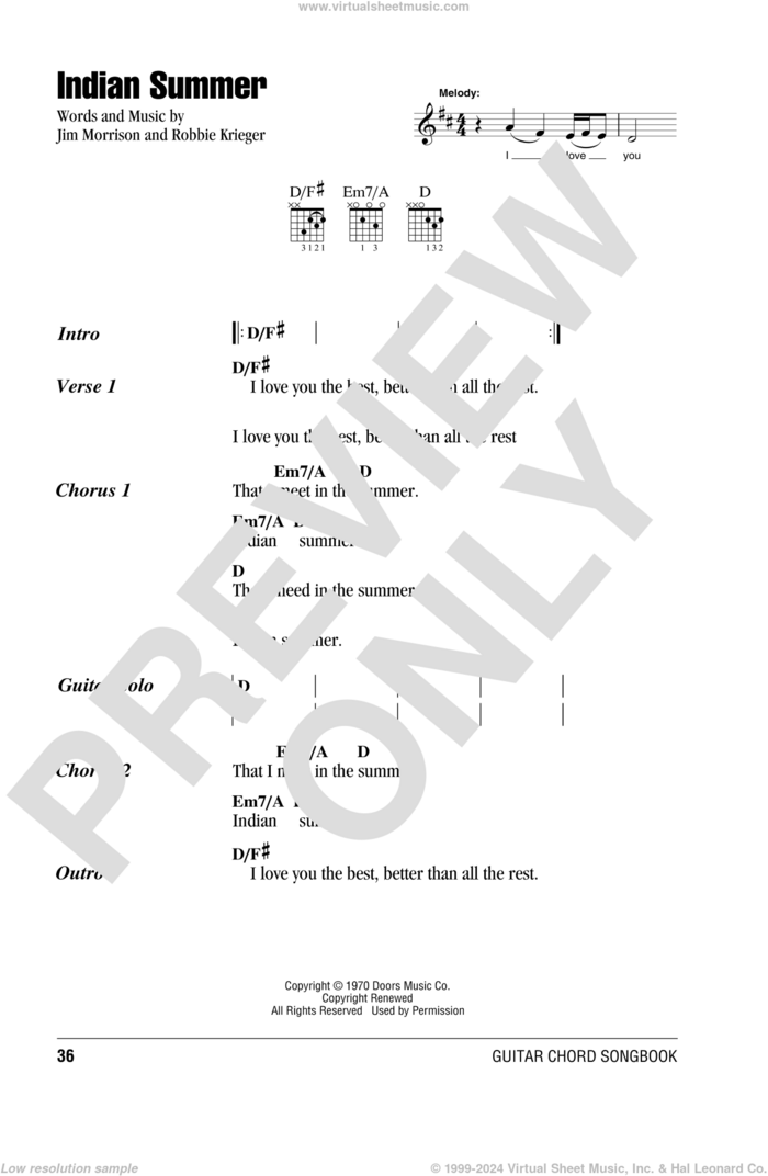 Indian Summer sheet music for guitar (chords) by The Doors, Jim Morrison and Robbie Krieger, intermediate skill level