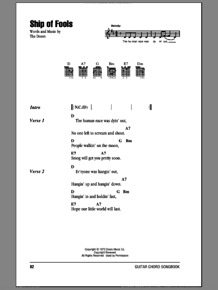 Ship Of Fools sheet music for guitar (chords) by The Doors, intermediate skill level