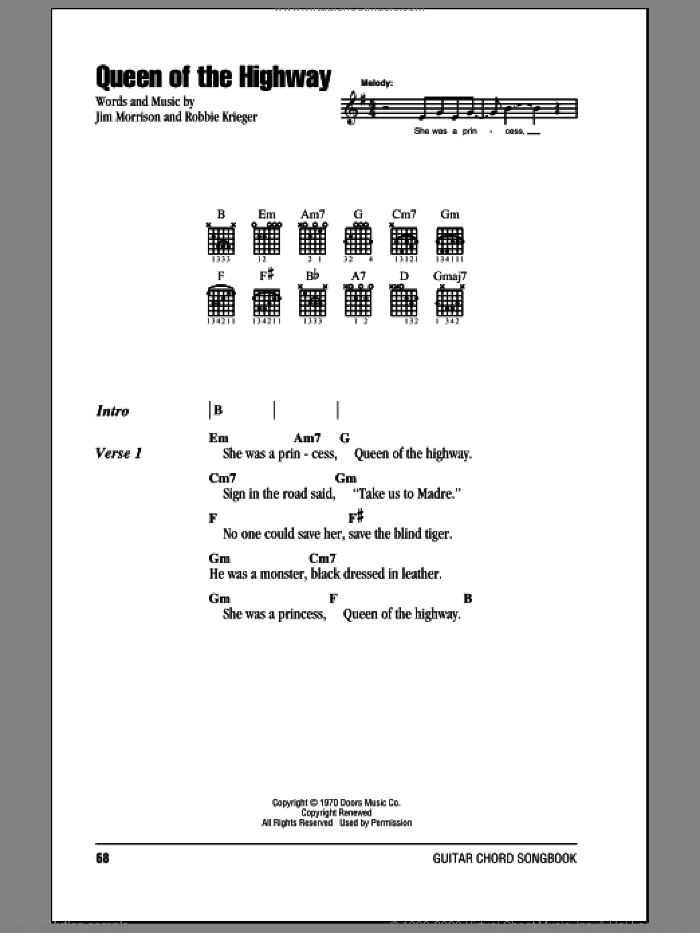 Queen Of The Highway sheet music for guitar (chords) by The Doors, Jim Morrison and Robbie Krieger, intermediate skill level