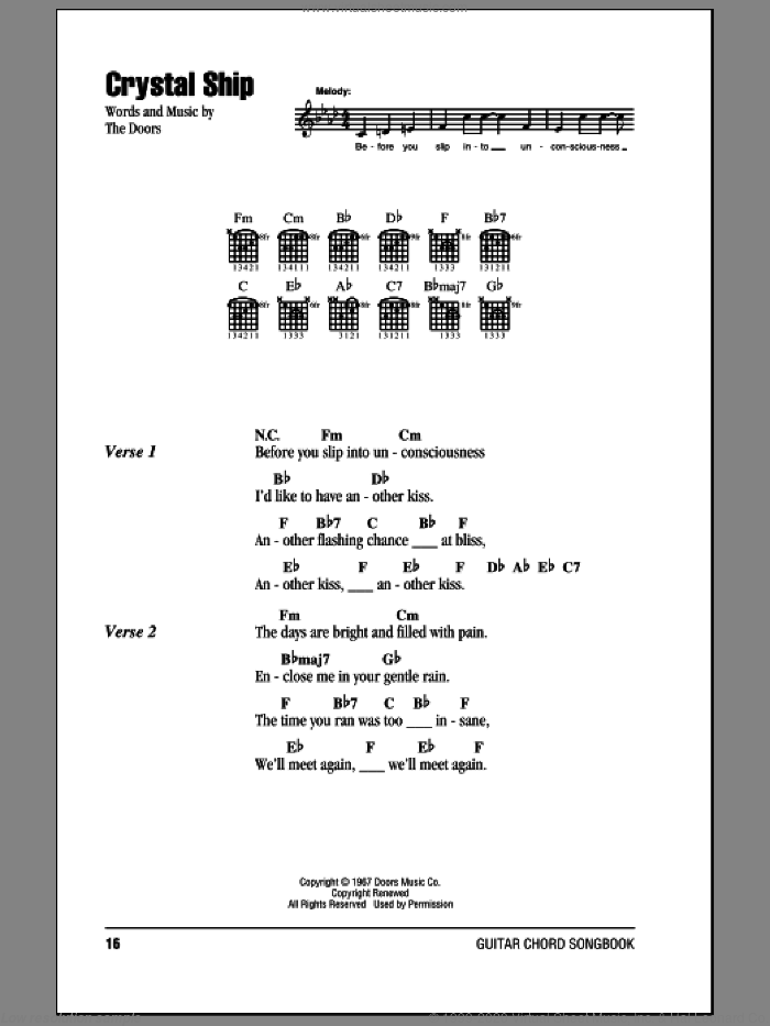 Crystal Ship sheet music for guitar (chords) by The Doors, intermediate skill level