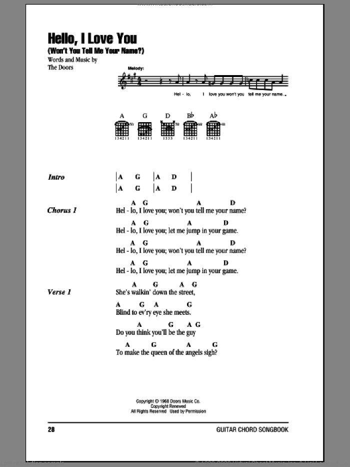 Hello, I Love You (Won't You Tell Me Your Name?) sheet music for guitar (chords) by The Doors, intermediate skill level