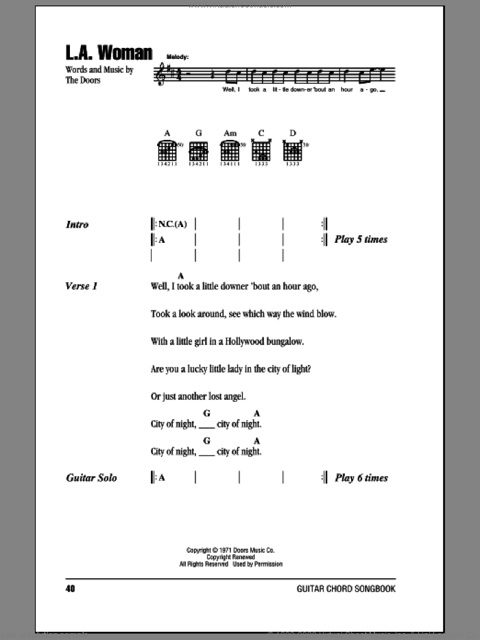 L.A. Woman sheet music for guitar (chords) by The Doors, intermediate skill level