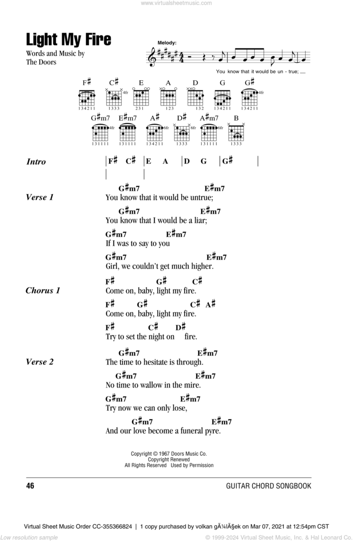 Light My Fire sheet music for guitar (chords) by The Doors, intermediate skill level