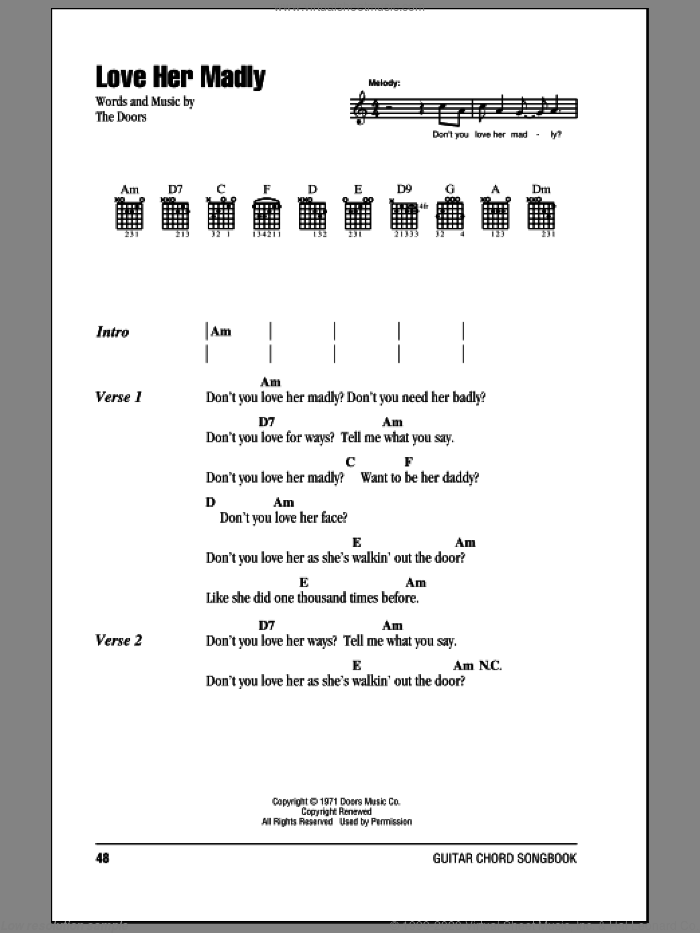 Love Her Madly sheet music for guitar (chords) by The Doors, intermediate skill level