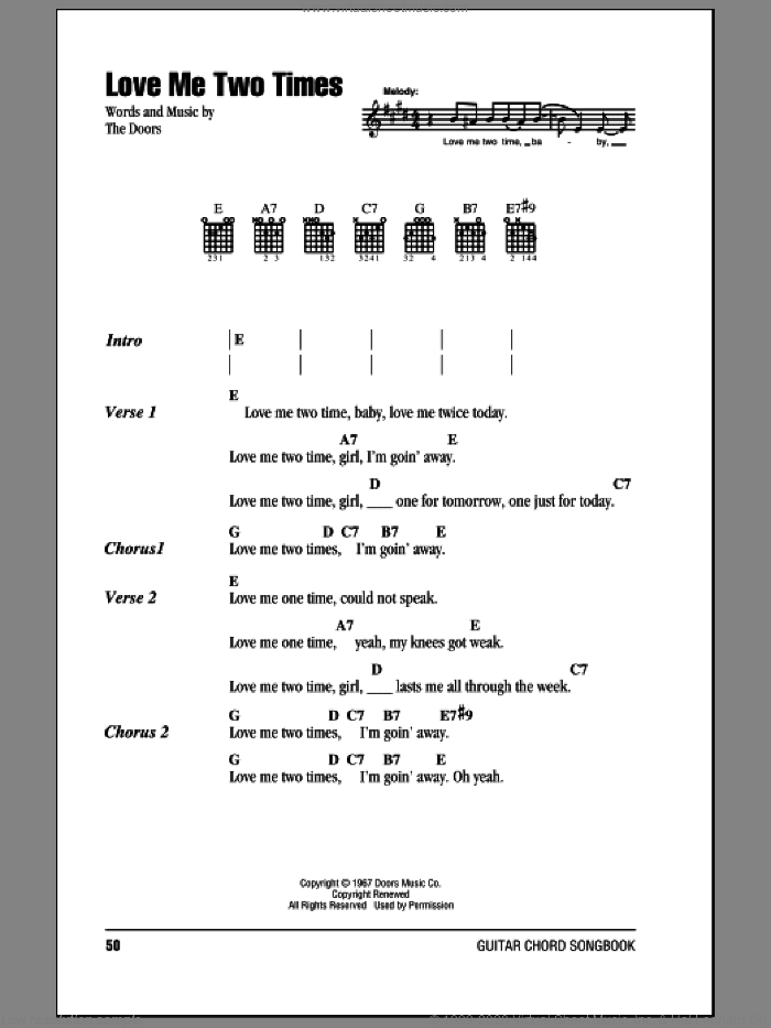 Love Me Two Times sheet music for guitar (chords) by The Doors, intermediate skill level