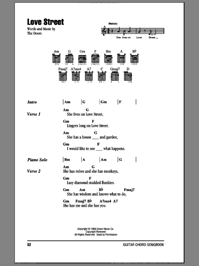 Love Street sheet music for guitar (chords) by The Doors, intermediate skill level