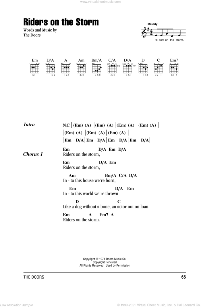 Riders On The Storm sheet music for guitar (chords) by The Doors, intermediate skill level