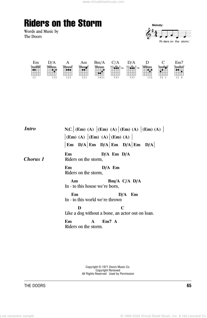 Riders On The Storm sheet music for guitar (chords) by The Doors, intermediate skill level