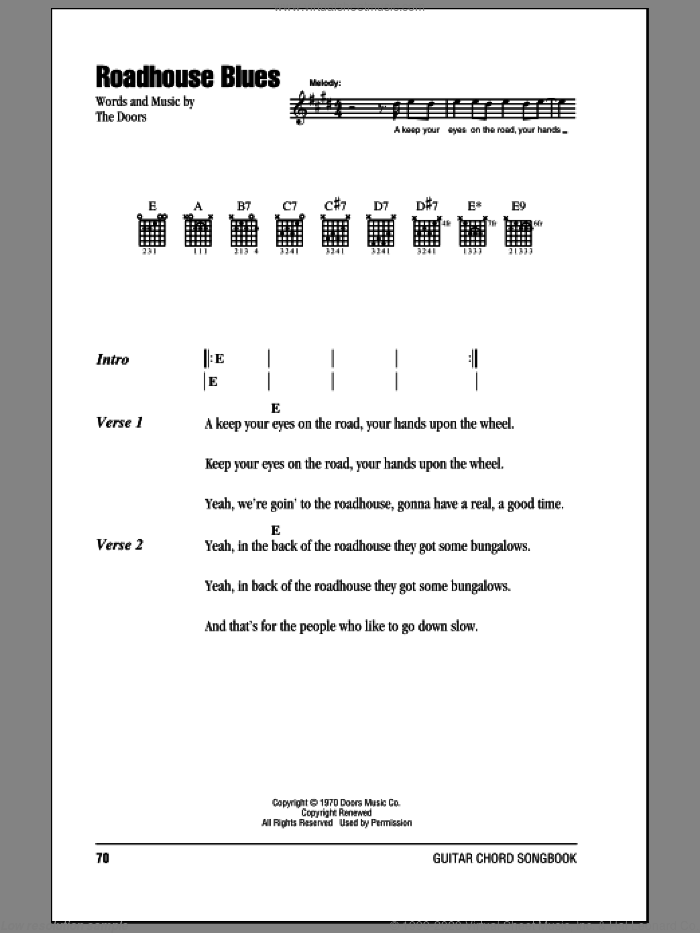 Roadhouse Blues sheet music for guitar (chords) by The Doors, intermediate skill level