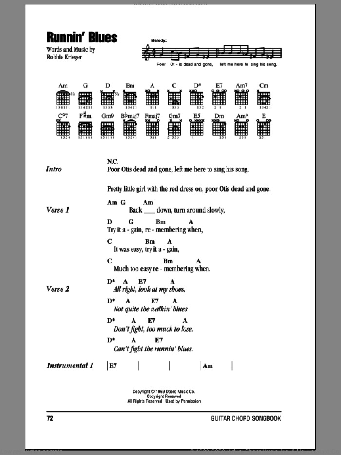 Runnin' Blues sheet music for guitar (chords) by The Doors and Robbie Krieger, intermediate skill level