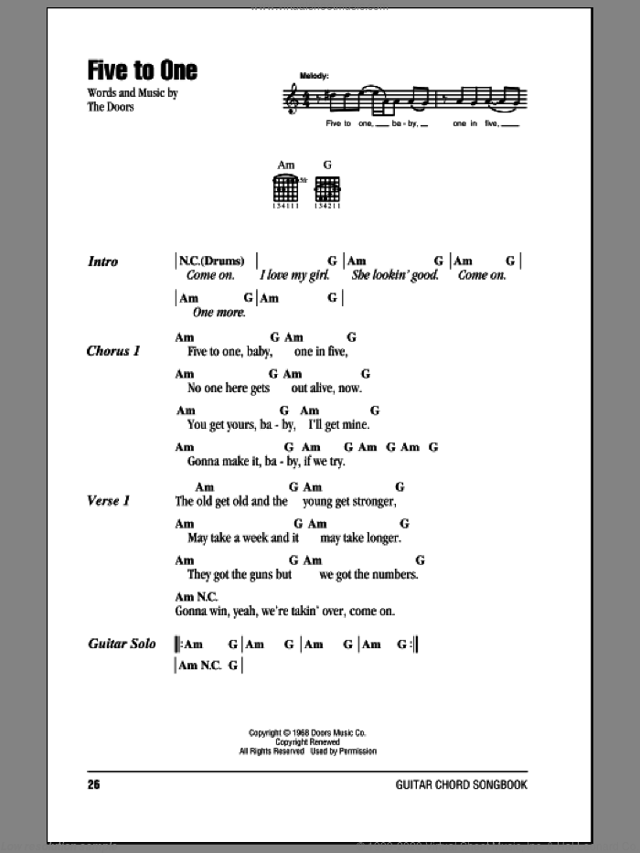Five To One sheet music for guitar (chords) by The Doors, intermediate skill level