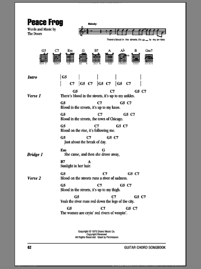 Peace Frog sheet music for guitar (chords) by The Doors, intermediate skill level