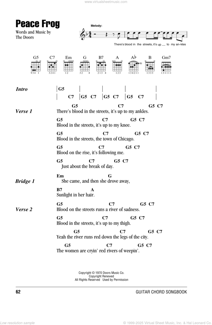 Peace Frog sheet music for guitar (chords) by The Doors, intermediate skill level