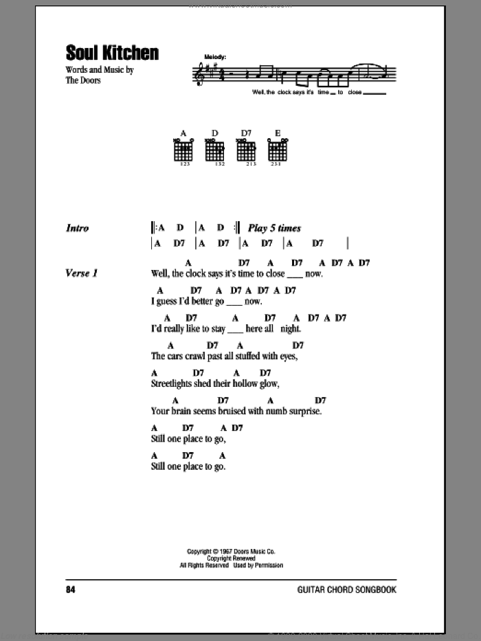Soul Kitchen sheet music for guitar (chords) by The Doors, intermediate skill level