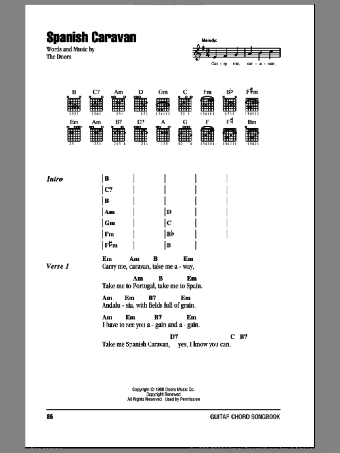 Spanish Caravan sheet music for guitar (chords) by The Doors, intermediate skill level