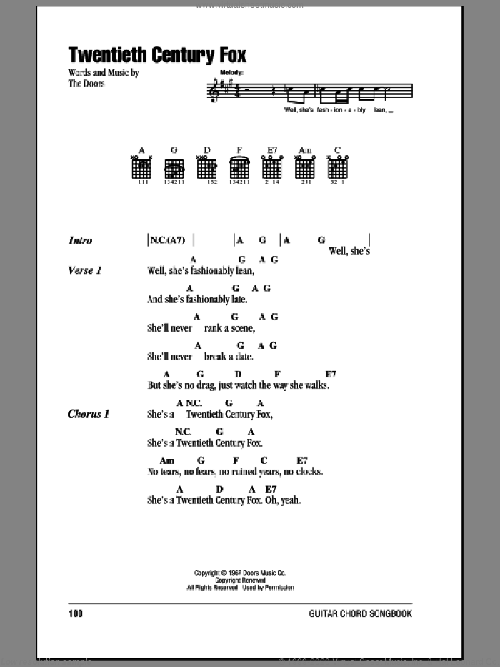 Twentieth Century Fox sheet music for guitar (chords) by The Doors, intermediate skill level