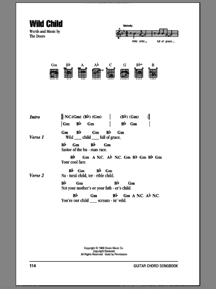 Wild Child sheet music for guitar (chords) by The Doors, intermediate skill level