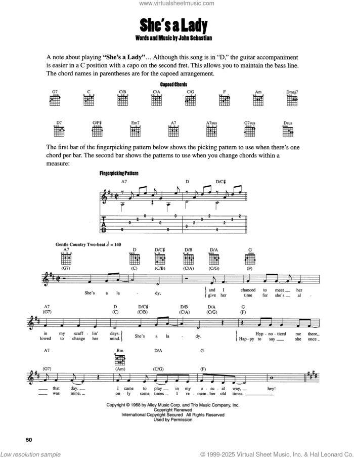 She's A Lady sheet music for guitar solo (chords) by John Sebastian, easy guitar (chords)