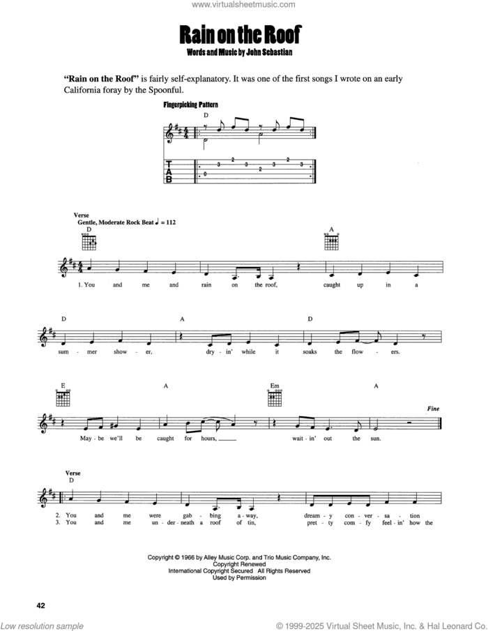 Rain On The Roof sheet music for guitar solo (chords) by John Sebastian, easy guitar (chords)