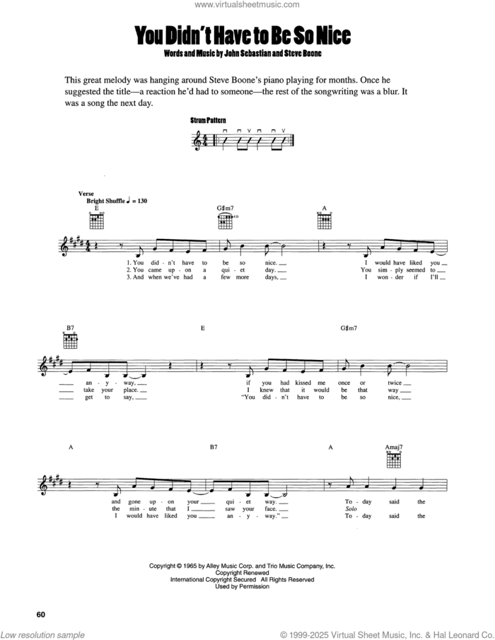 You Didn't Have To Be So Nice sheet music for guitar solo (chords) by John Sebastian and Steve Boone, easy guitar (chords)