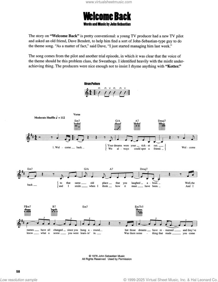 Welcome Back sheet music for guitar solo (chords) by John Sebastian, easy guitar (chords)