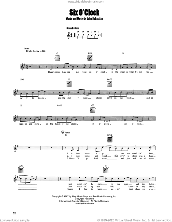 Six O'Clock sheet music for guitar solo (chords) by The Lovin' Spoonful and John Sebastian, easy guitar (chords)