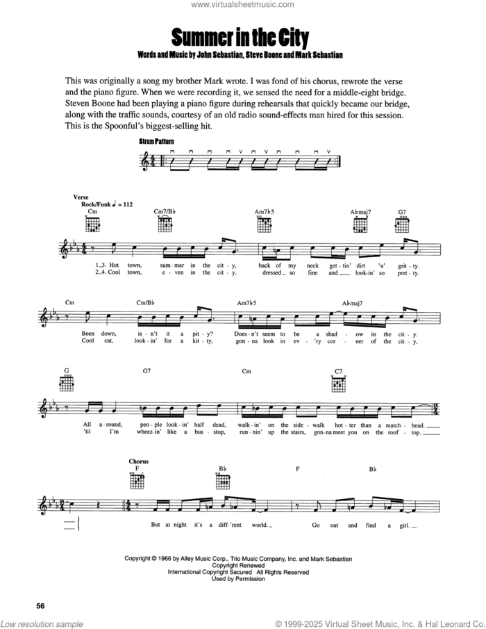Summer In The City sheet music for guitar solo (chords) by John Sebastian, Mark Sebastian and Steve Boone, easy guitar (chords)