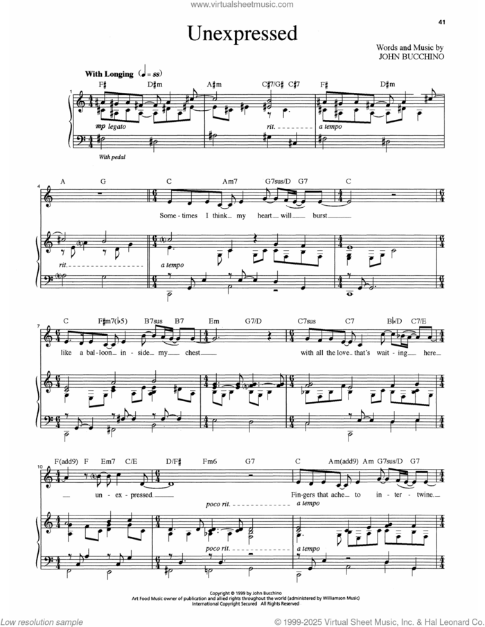 Unexpressed sheet music for voice and piano by John Bucchino, intermediate skill level