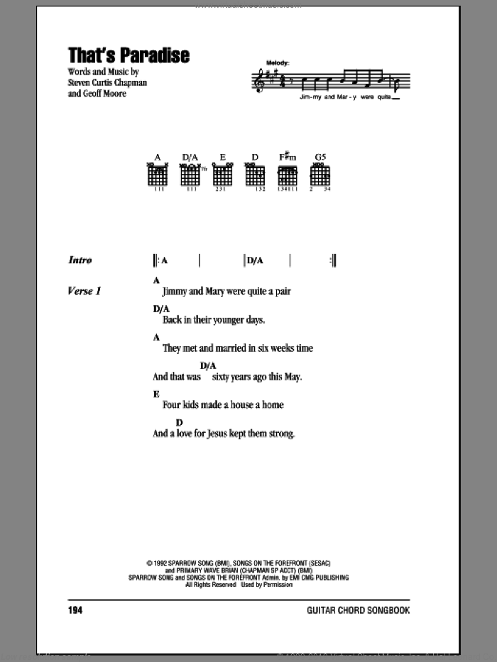 That's Paradise sheet music for guitar (chords) by Steven Curtis Chapman and Geoff Moore, intermediate skill level